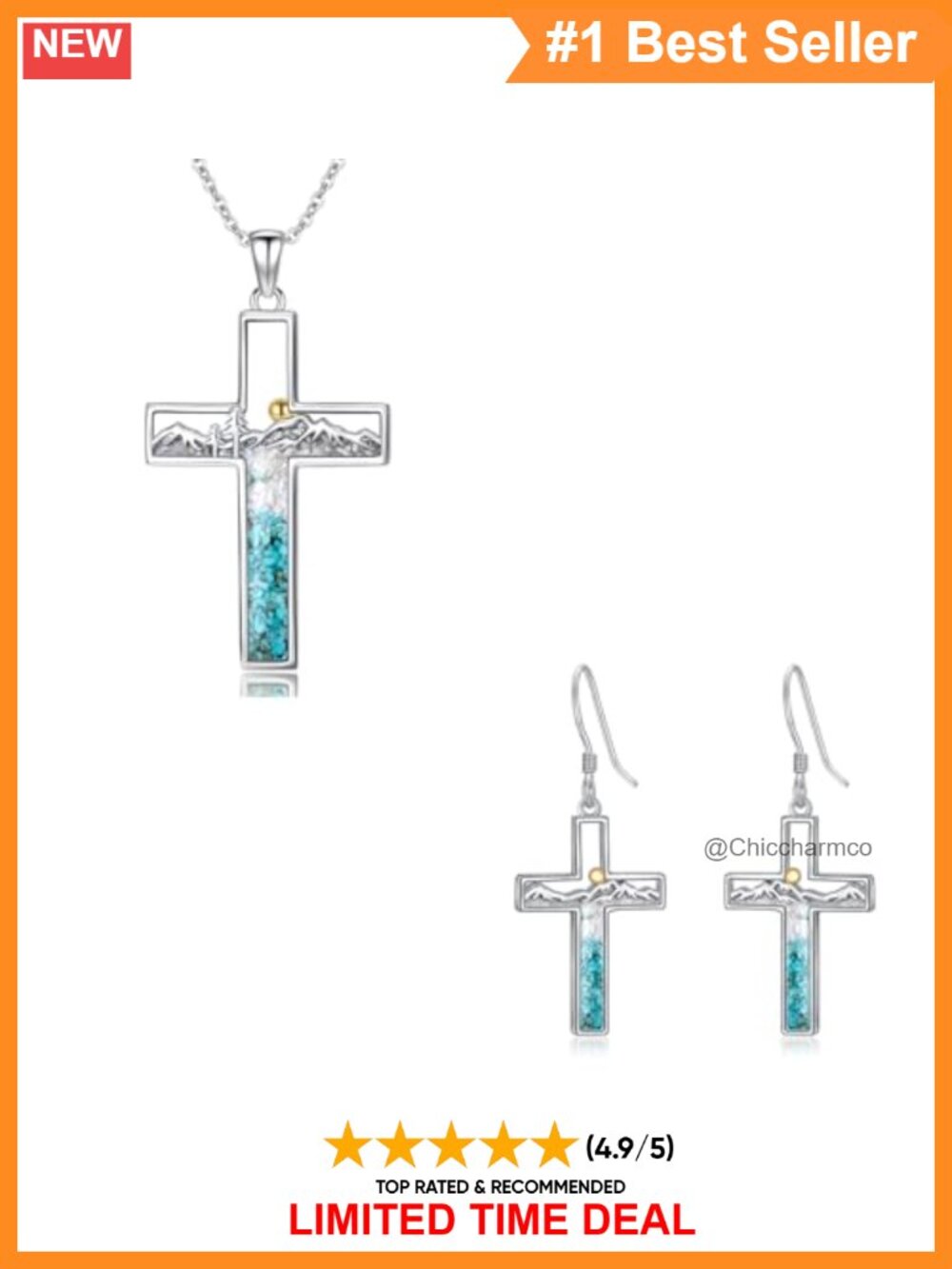 925 Sterling Silver Turquoise Cross Mountain Dangle Earrings Necklace Set